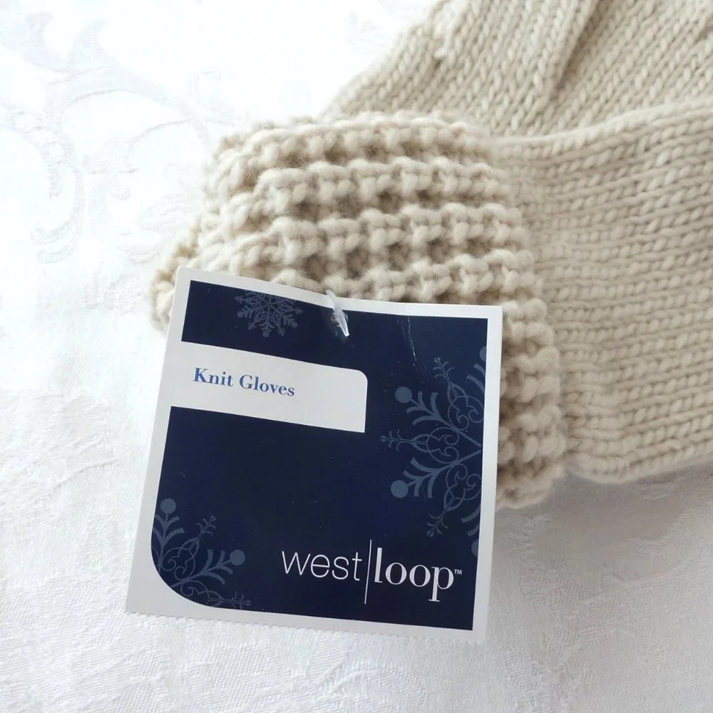 New West Loop Cream Knit Gloves + Hand Knit Purple Magenta Winter Cap Set